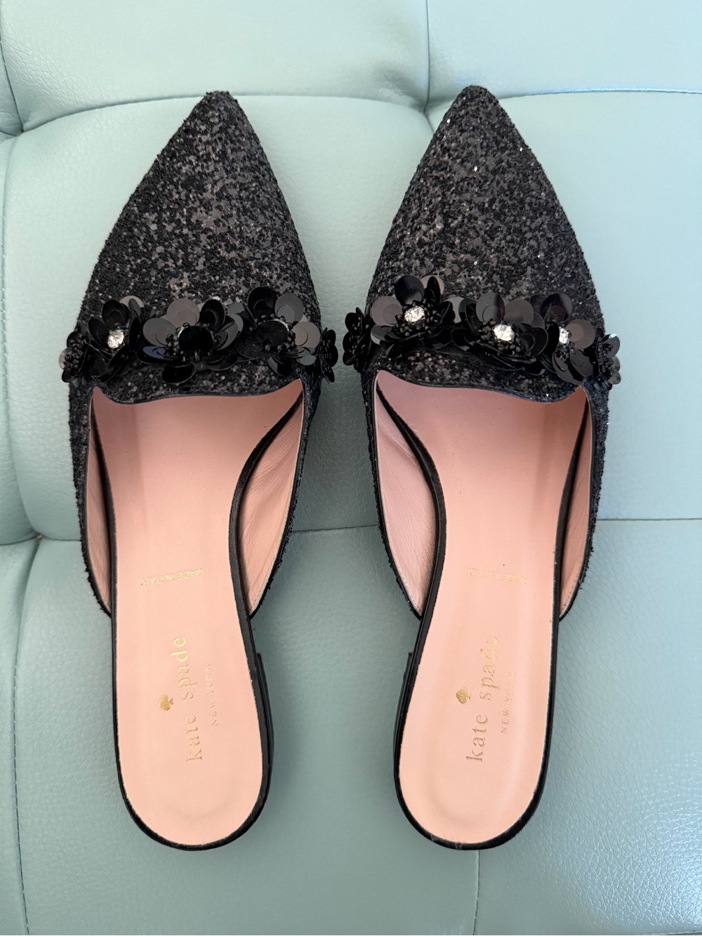kate spade Black Sequin Floral Pointed Toe Mules - 9 M